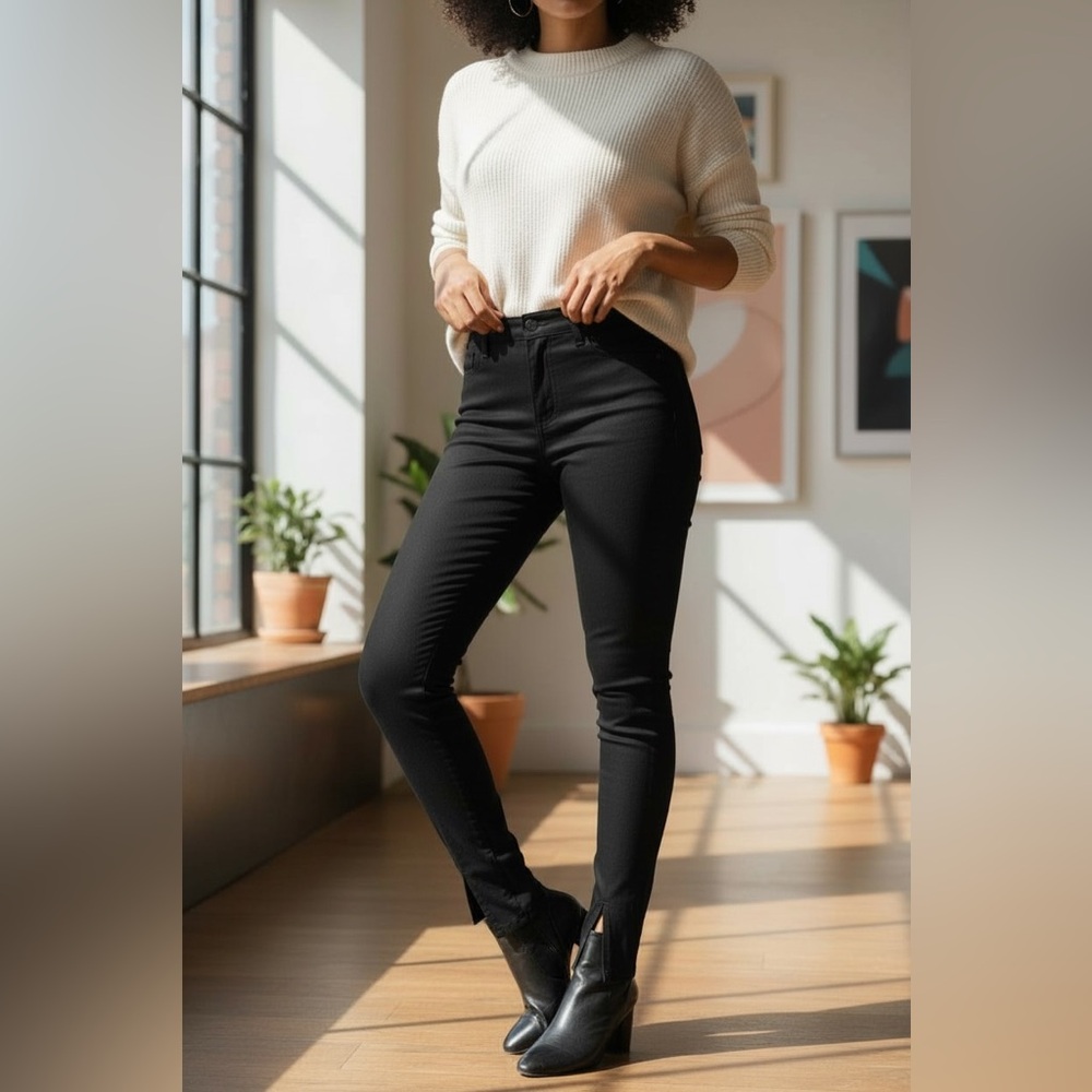 J Brand Black Coated Jeans w/ Front Bottom Hem Slit Strech Denim Front Seams 25